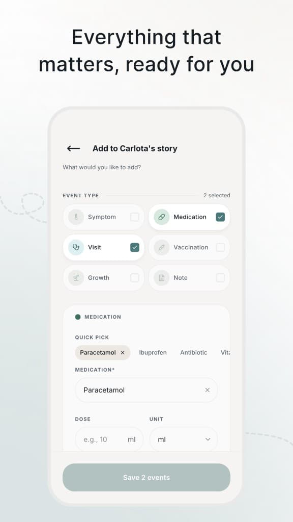 Tinyo add event screen for logging medication and visit entries