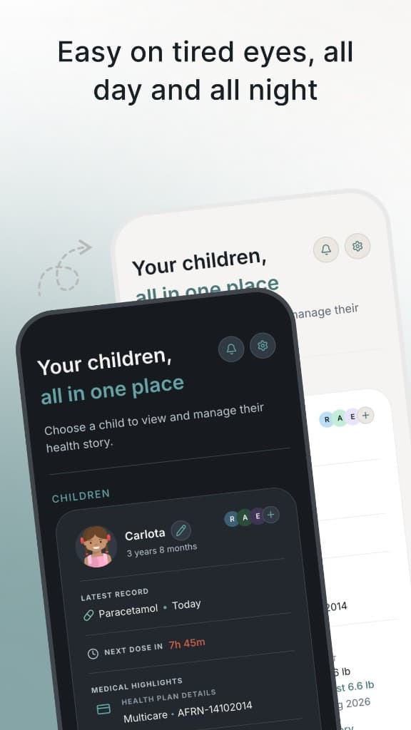 Tinyo app shown in light and dark mode on the children dashboard