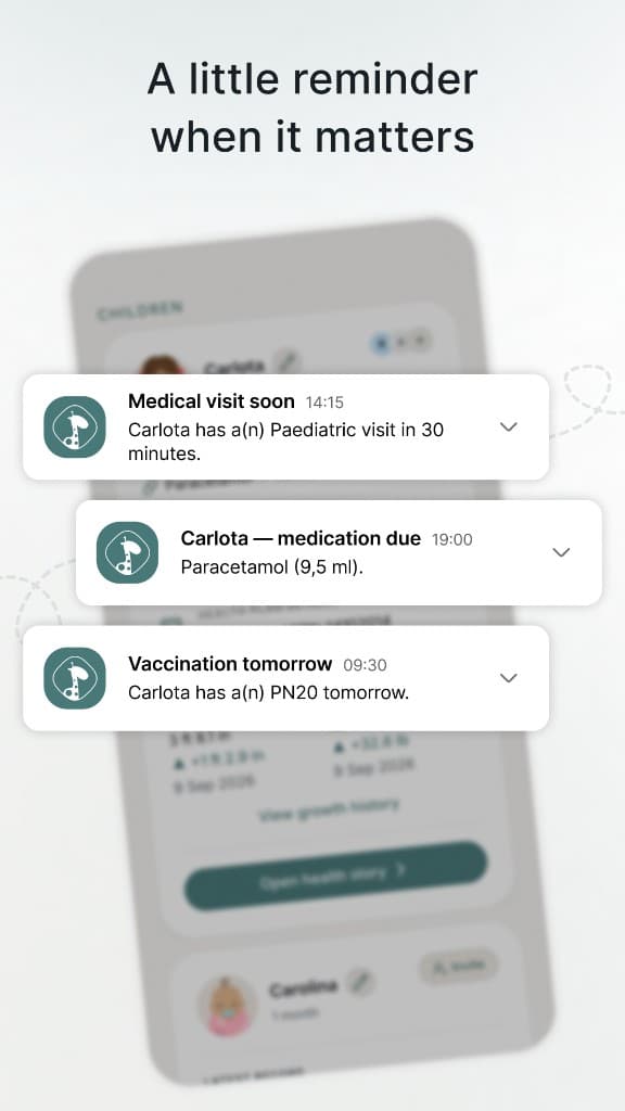 Tinyo reminders for medical visits, medication doses, and vaccinations