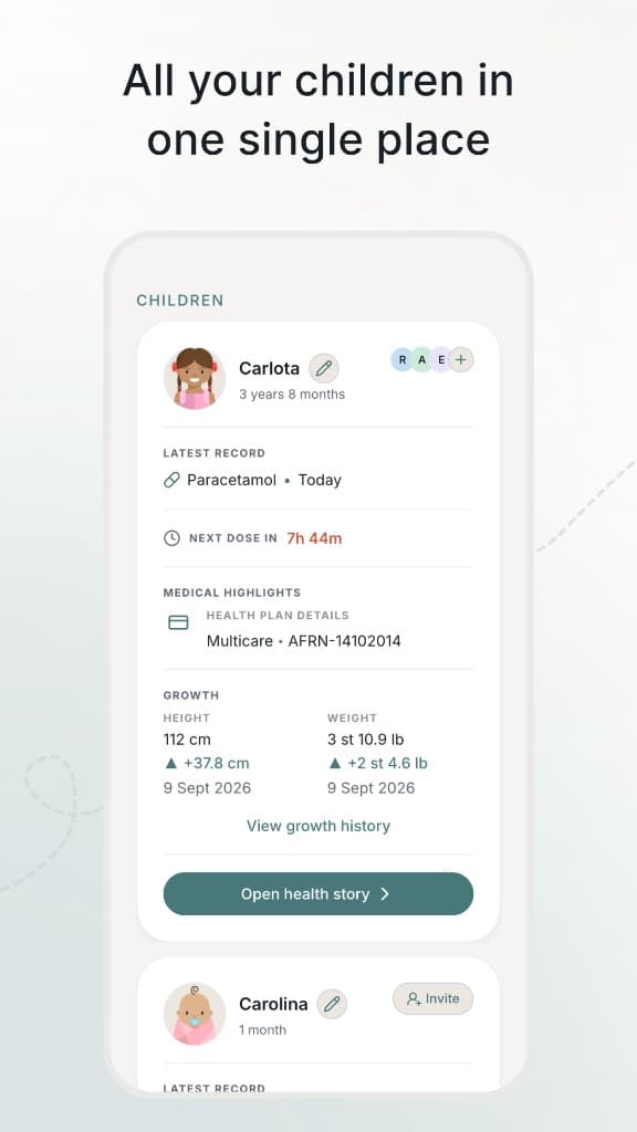 Tinyo children dashboard with health profiles for multiple children