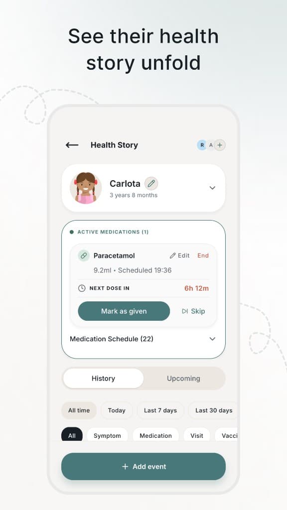 Tinyo health story timeline with active medications and event history